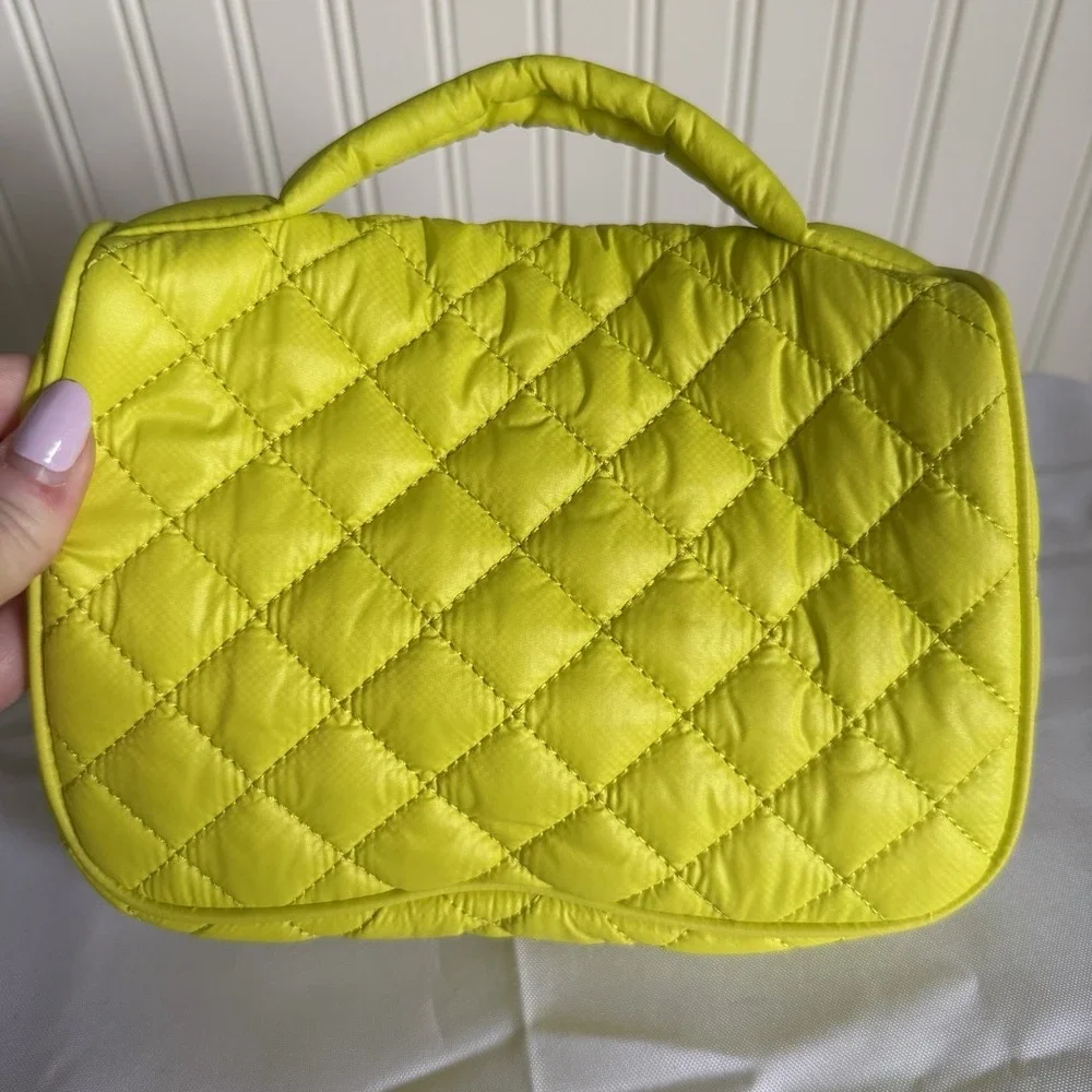 MZ WALLACE Zip Round Organizer Quilted Nylon Pouch Makeup Bag Travel Lime Green